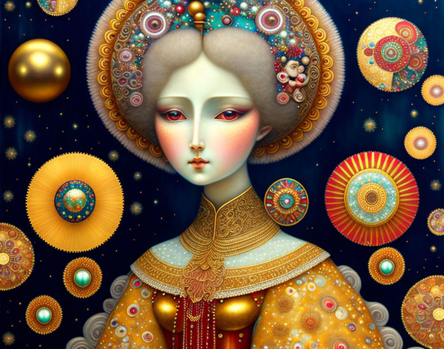 Woman with ornate headdress in cosmic setting.