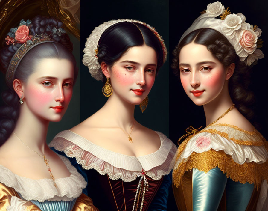 Three elegant women in historical attire with ornate gowns and elaborate hairstyles.