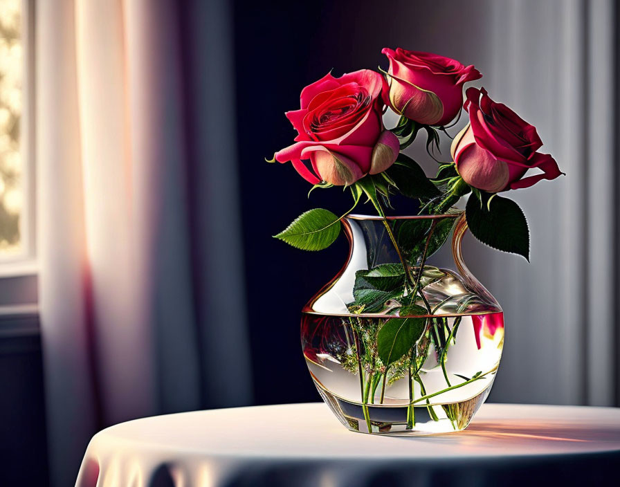 Red Roses Bouquet in Clear Vase with Sunlight on Table