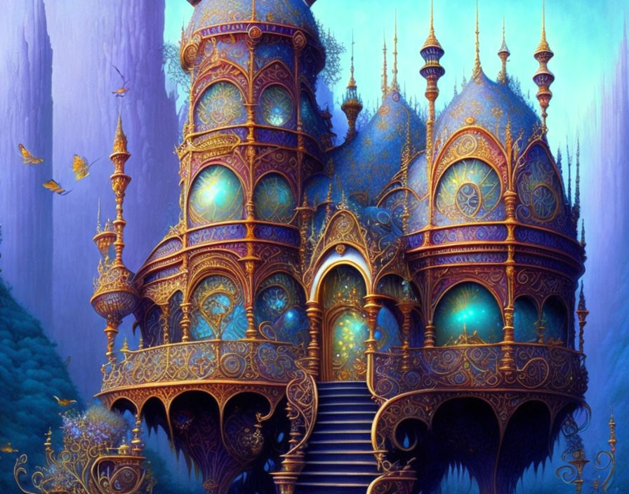 Fantasy castle with blue and gold patterns in mystical forest