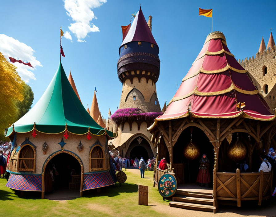 Vibrant Medieval Fair with Colorful Tents, Castle, and Period Costumes