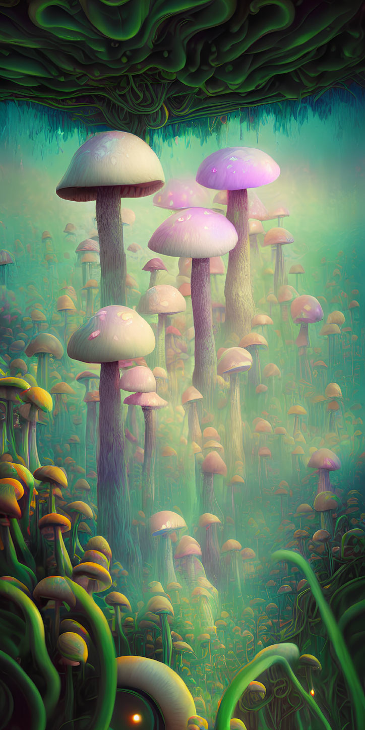 Fantastical landscape with tall pink-capped mushrooms and eye-like structures