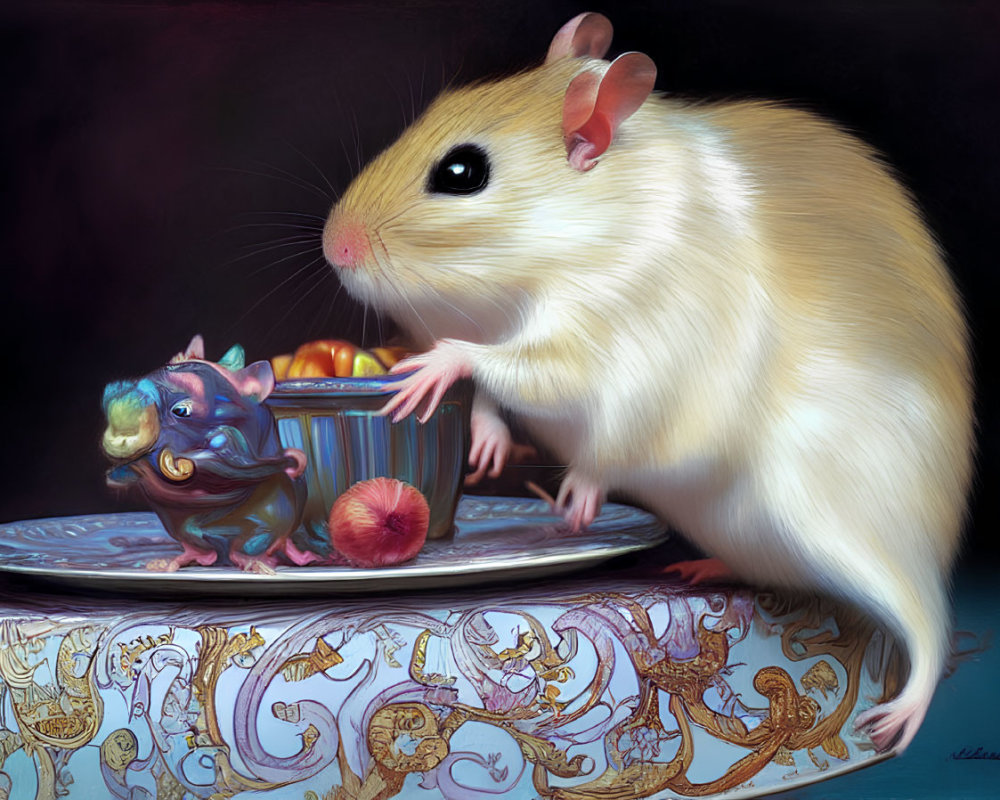 Large Cream-Colored Hamster with Blue Mythical Creature and Fruits on Ornate Surface
