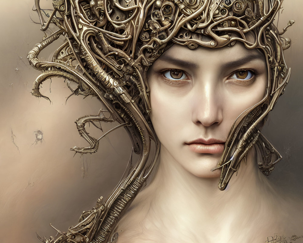 Steampunk style digital art of woman with mechanical hair structure
