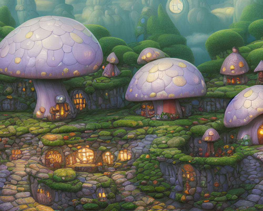 Whimsical Fantasy Village with Mushroom Houses & Glowing Windows
