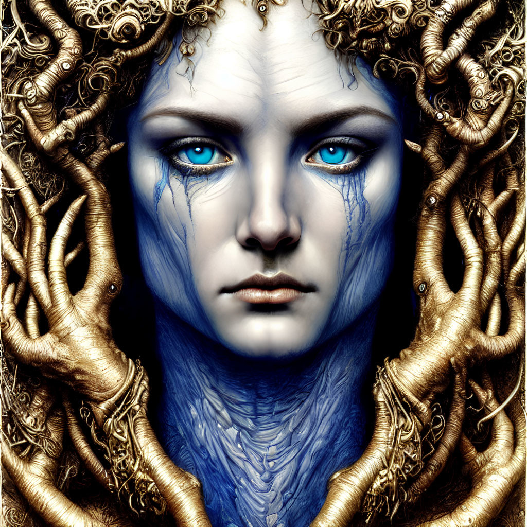 Blue-skinned fantasy portrait with intense eyes and golden branch-like hair