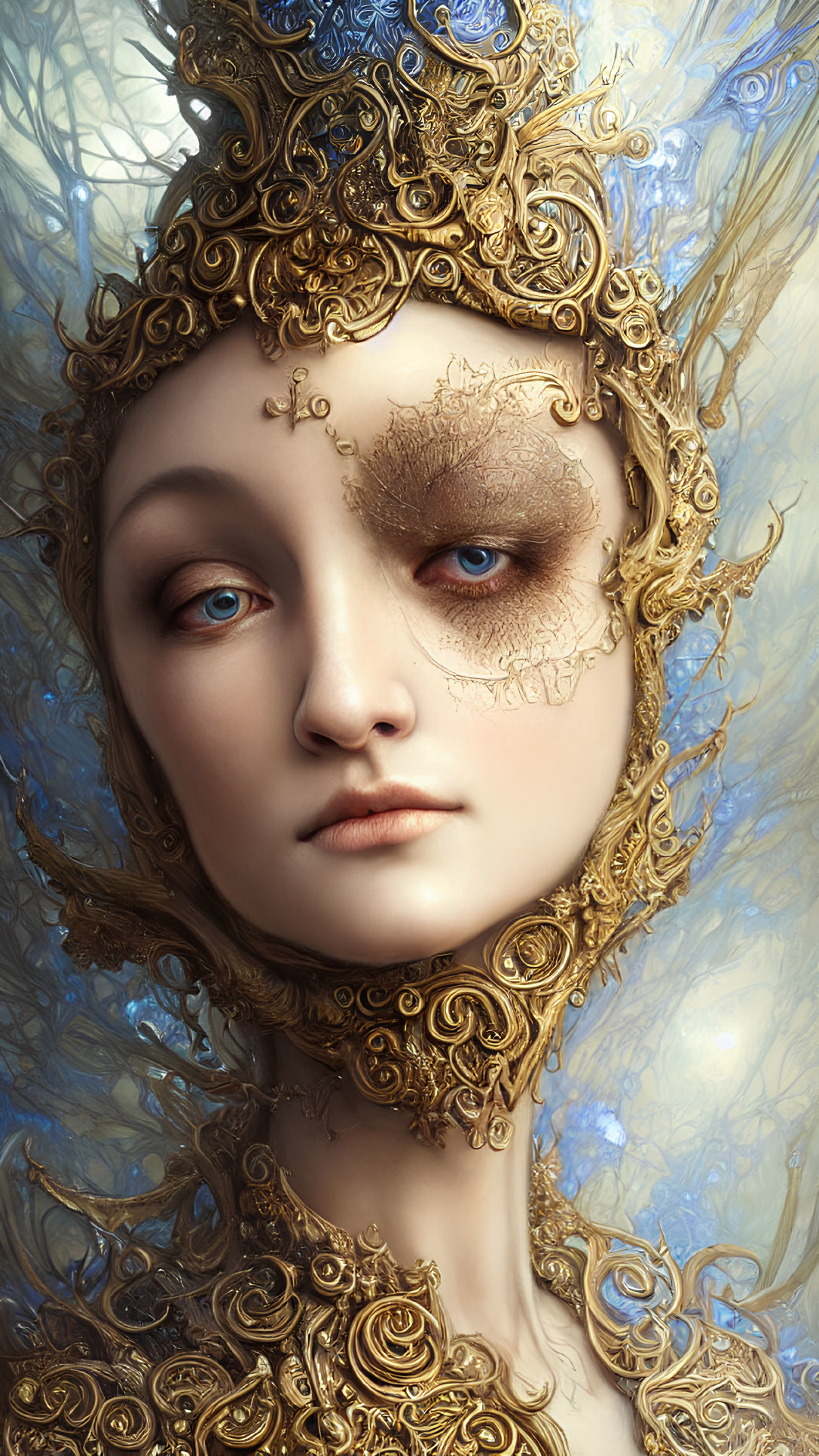 Portrait of woman with ornate gold headwear and intricate eye detailing on soft blue background