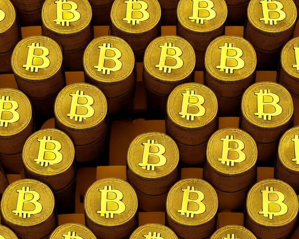 Stacked golden Bitcoin coins on barrels in dimly lit room symbolizing wealth.