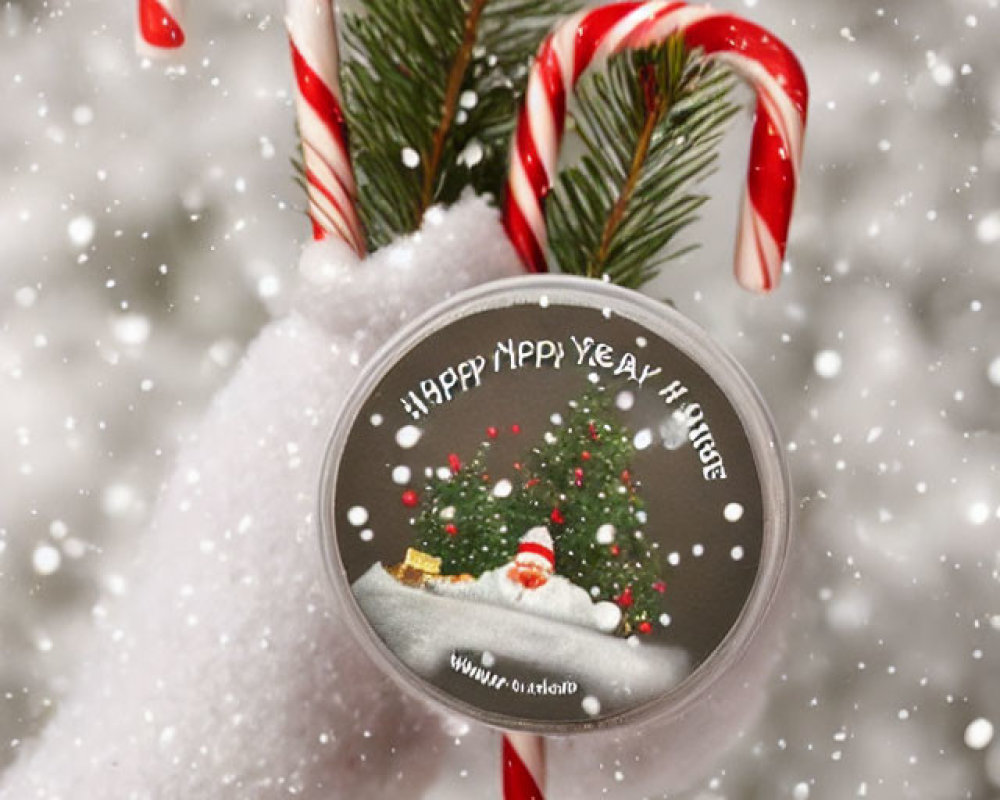 Festive hand holding magnifying glass with "Happy New Year" message