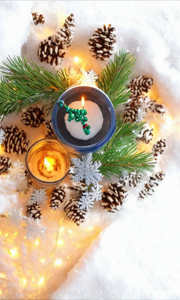 Festive winter scene with lit candle, pine branches, cones, and snow