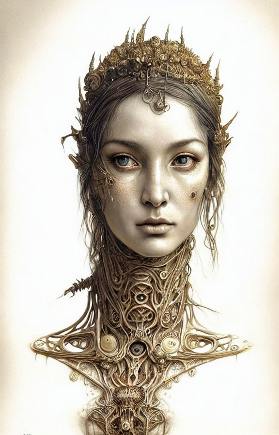 Steampunk-style female figure with ornate mechanical headdress and neckpiece.