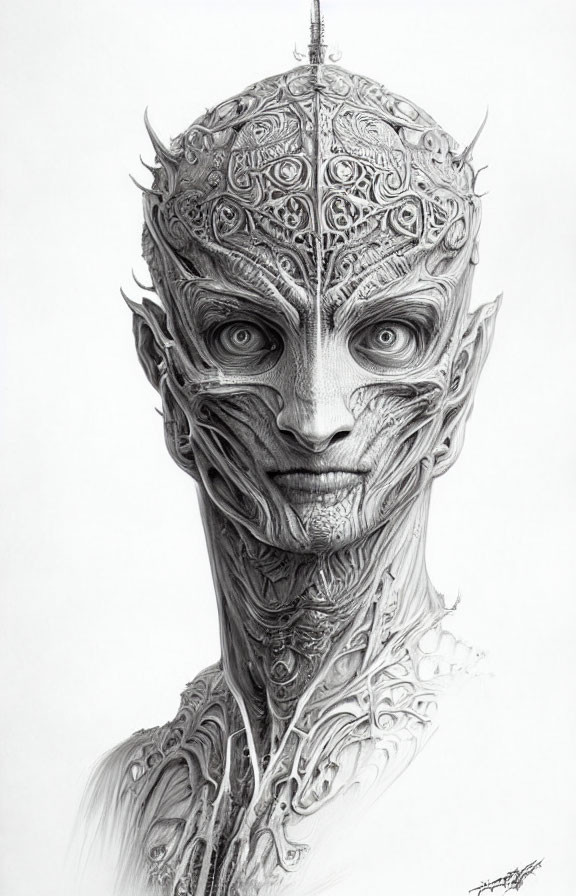 Detailed Black and White Drawing of Intricate Alien with Large Eyes and Long Neck