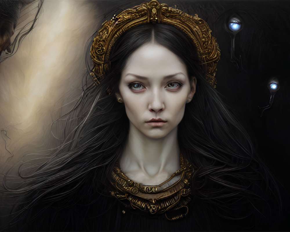 Digital artwork featuring pale woman in gold crown and necklace with abstract orbs and shadowy figure