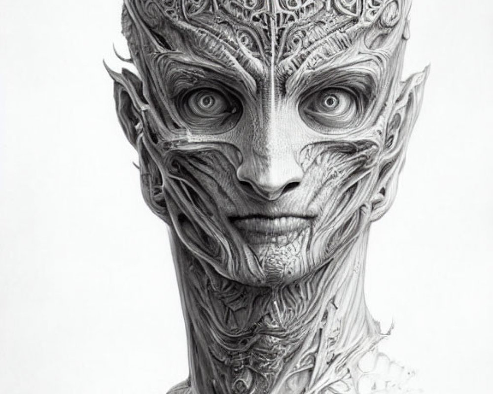Detailed Black and White Drawing of Intricate Alien with Large Eyes and Long Neck