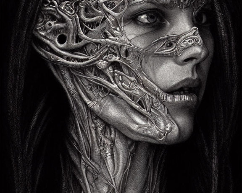 Monochrome artwork: Woman with biomechanical details on face and neck against dark background
