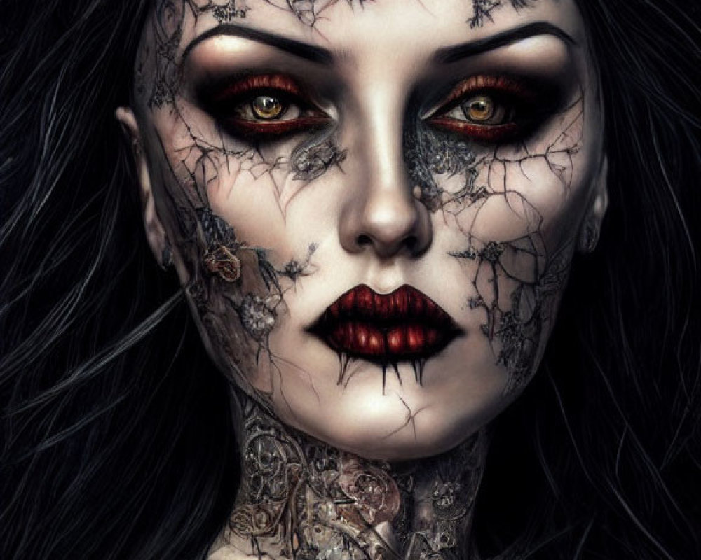 Gothic Fantasy Portrait: Pale Woman with Black Lace Patterns, Red Eyes, Dark Lipstick,