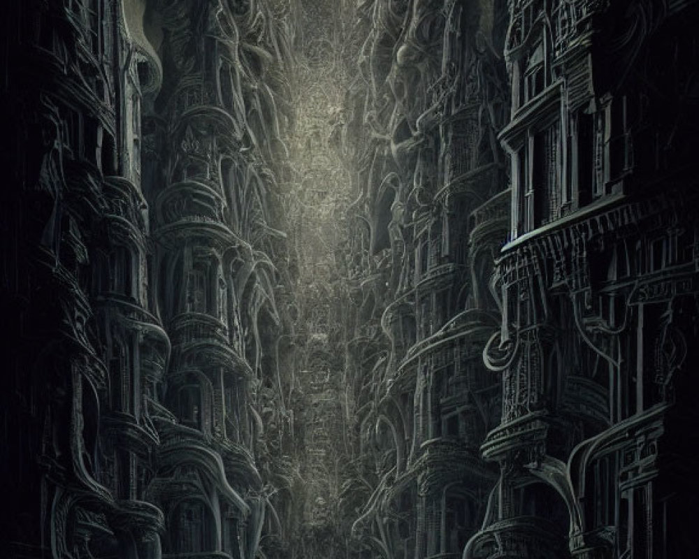 Dark Vertical Cityscape with Gothic and Biorganic Architecture
