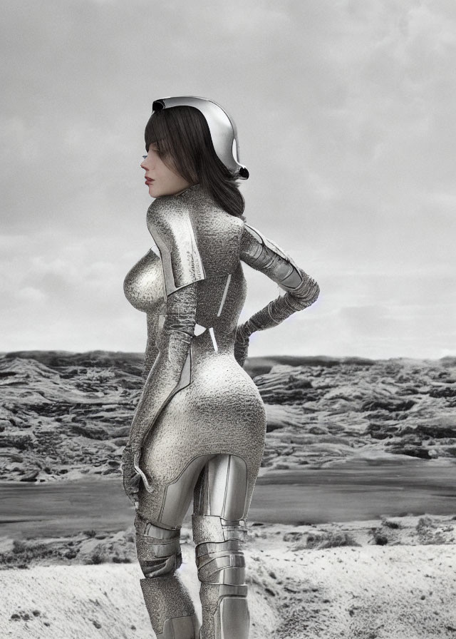 Futuristic silver spacesuit woman in rocky landscape