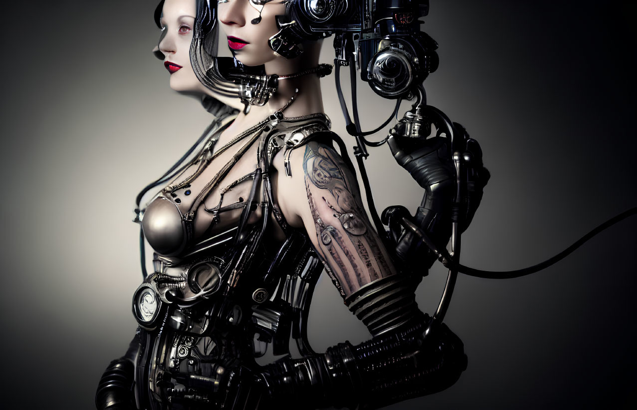 Two female cyborg figures with mechanical details and tattoos on gradient background