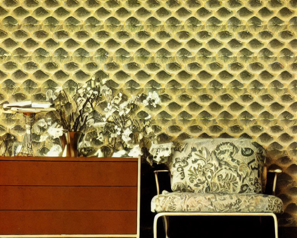 Vintage Room with Patterned Sofa, Wooden Sideboard, Flowers, and Honeycomb Wall Design
