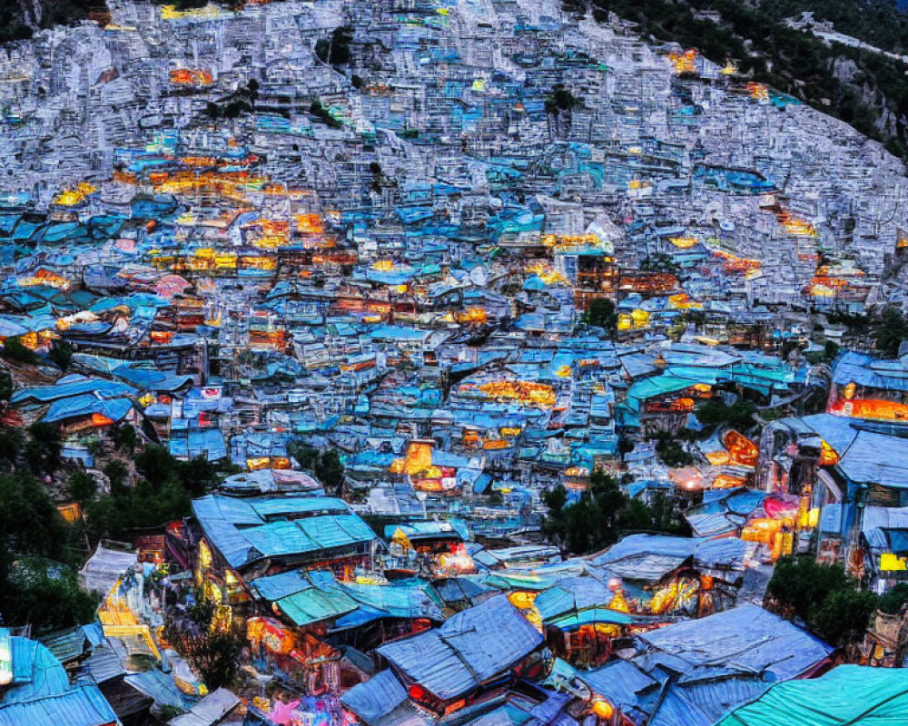 Scenic twilight hillside village with illuminated houses and mountain backdrop