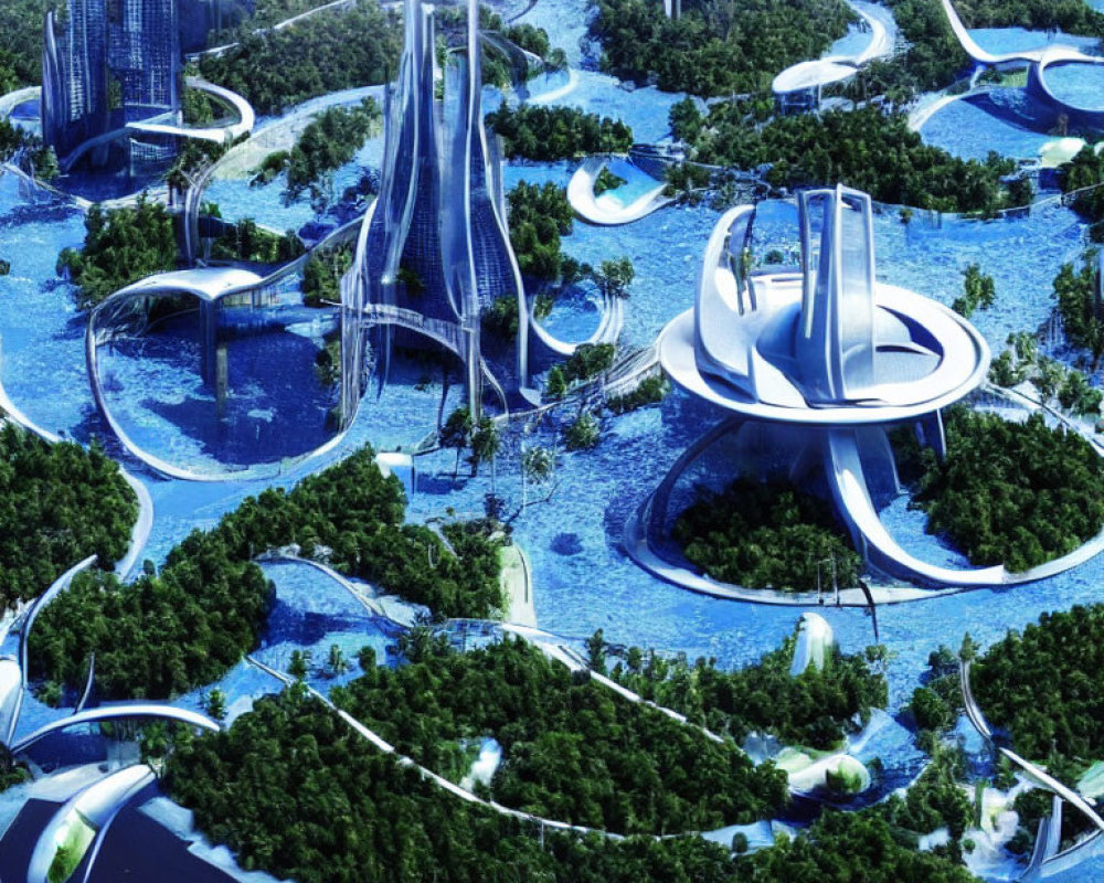 Futuristic cityscape with skyscrapers, greenery, and waterways