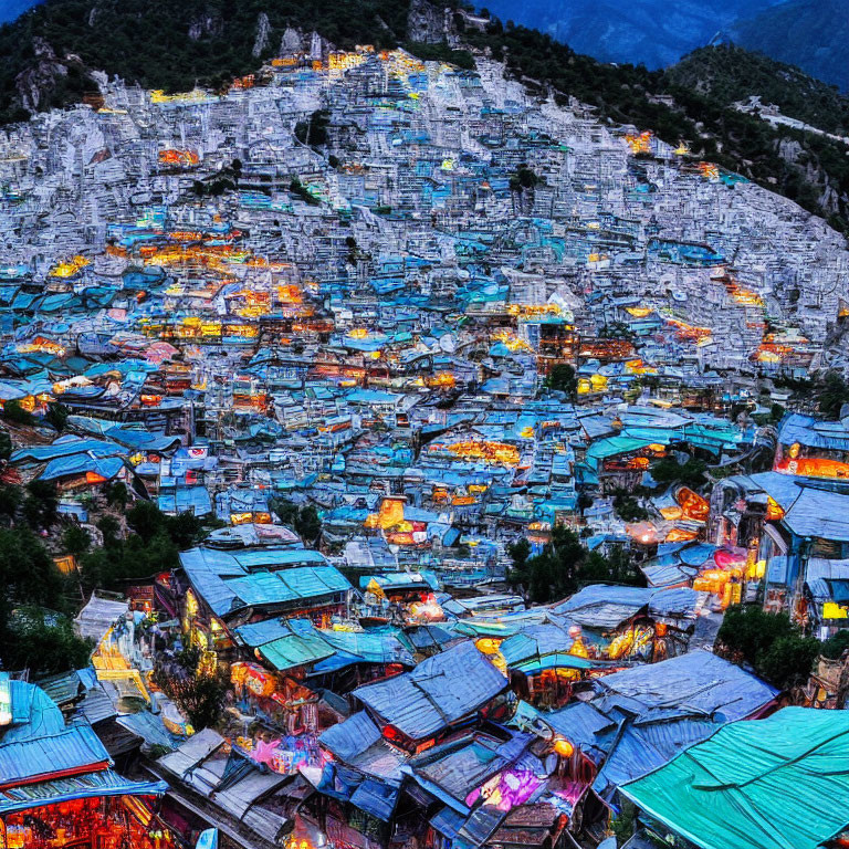 Scenic twilight hillside village with illuminated houses and mountain backdrop