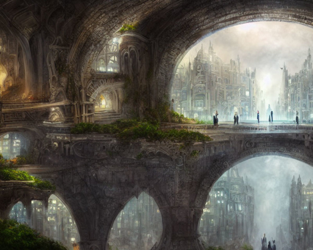 Elaborate Stone Arches in Mystical Cityscape
