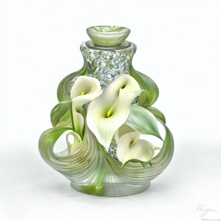 Glass vase with green swirls and white calla lilies on white background