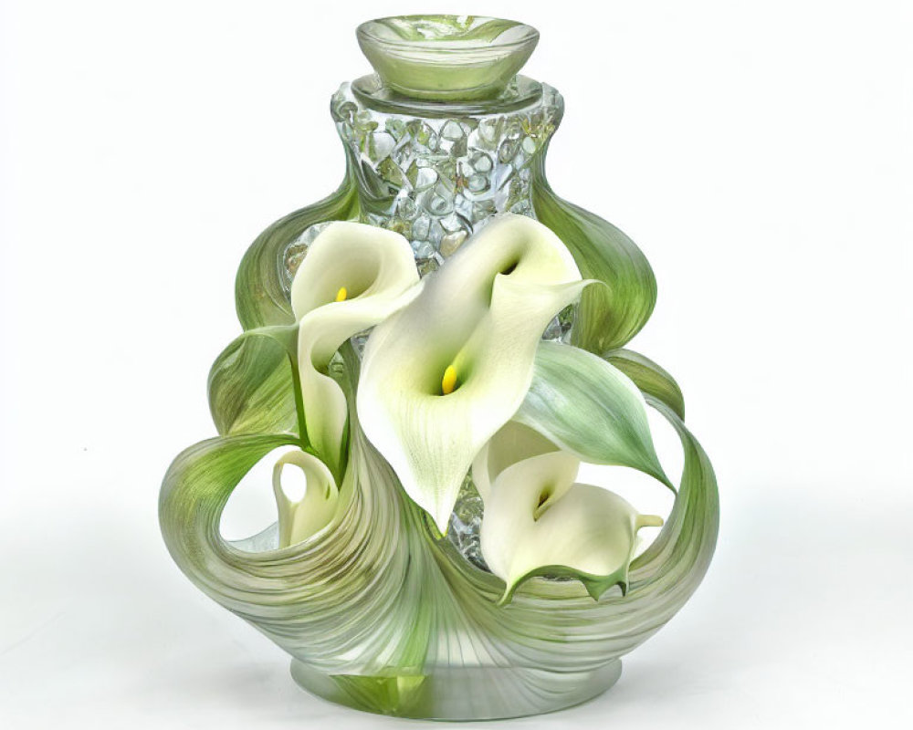 Glass vase with green swirls and white calla lilies on white background