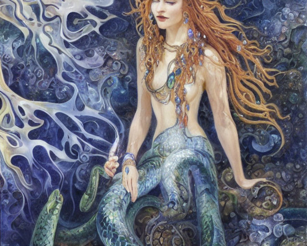Mermaid with Red Hair and Serpent in Underwater Scene