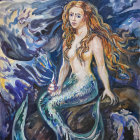 Mermaid with Red Hair and Serpent in Underwater Scene