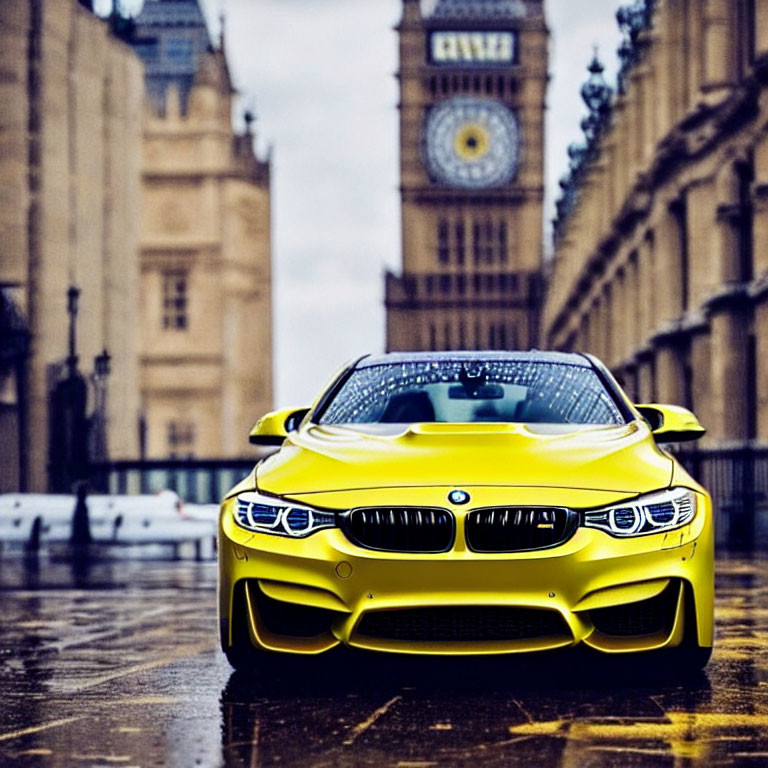 Vibrant yellow sports car by Big Ben and historic building in misty backdrop