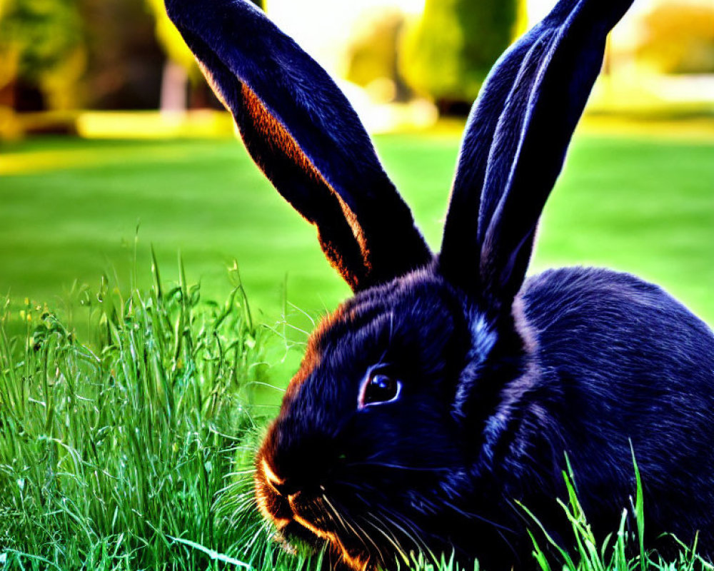 Black Rabbit Sitting in Vibrant Green Grass on Sunlit Field