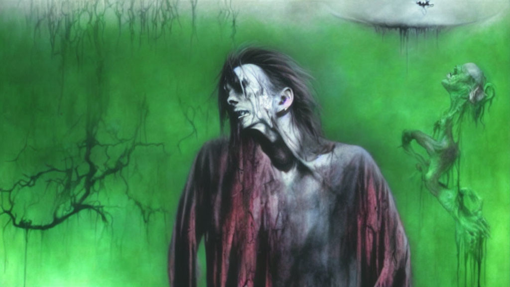 Eerie digital painting of zombified figure in misty green landscape