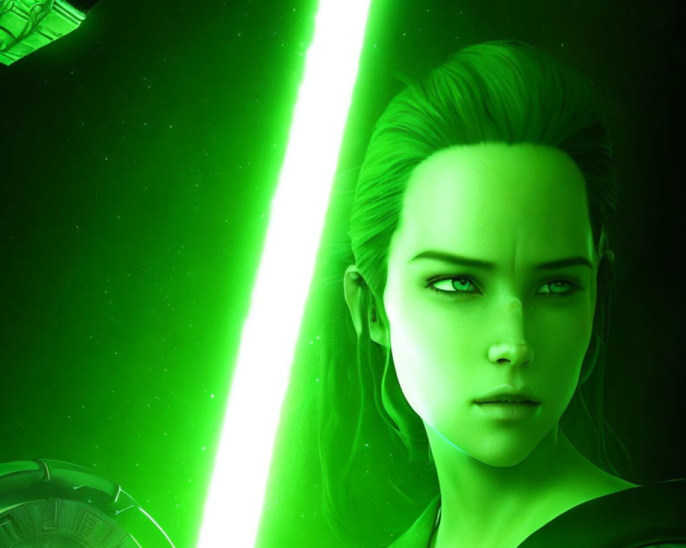 Female character with green-tinted skin holding a glowing lightsaber in digital art