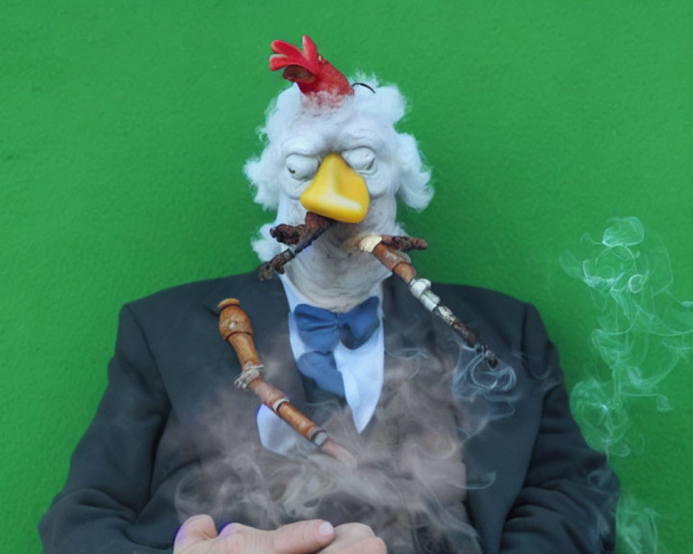 Person in Suit with Chicken Mask Smoking Cigar on Green Background