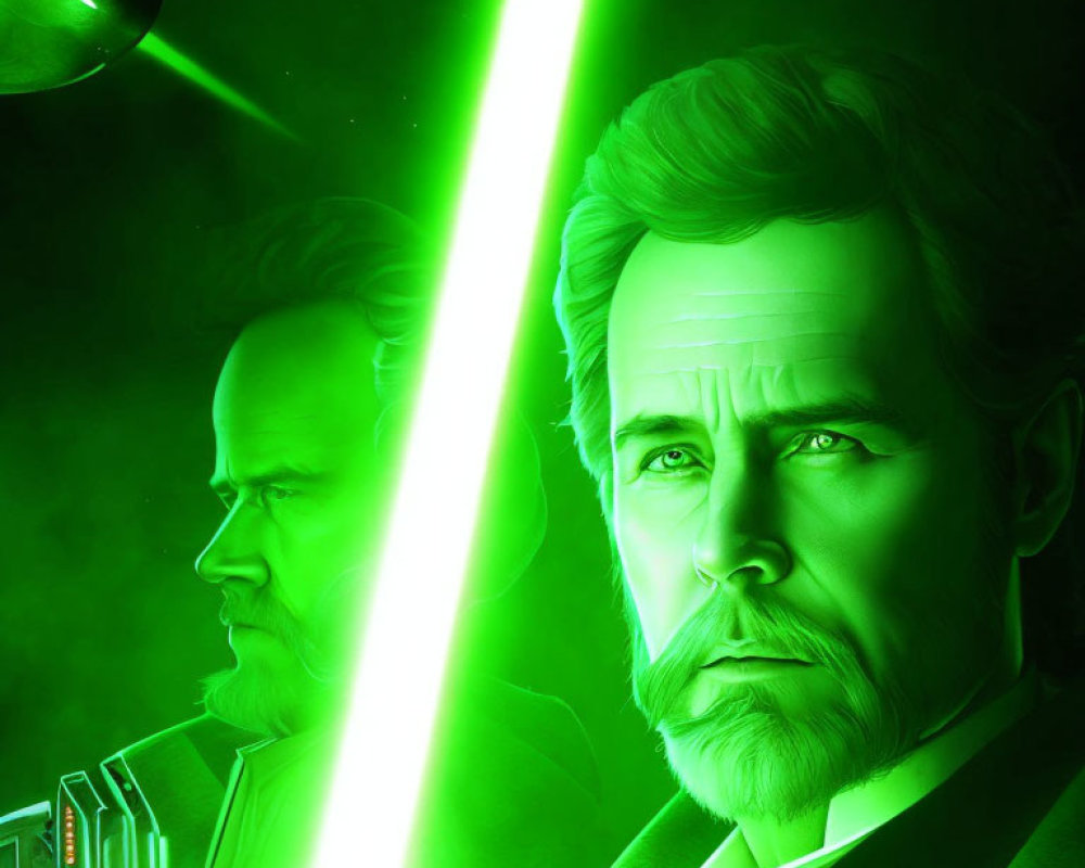 Two male characters with glowing green light and lightsaber on green background