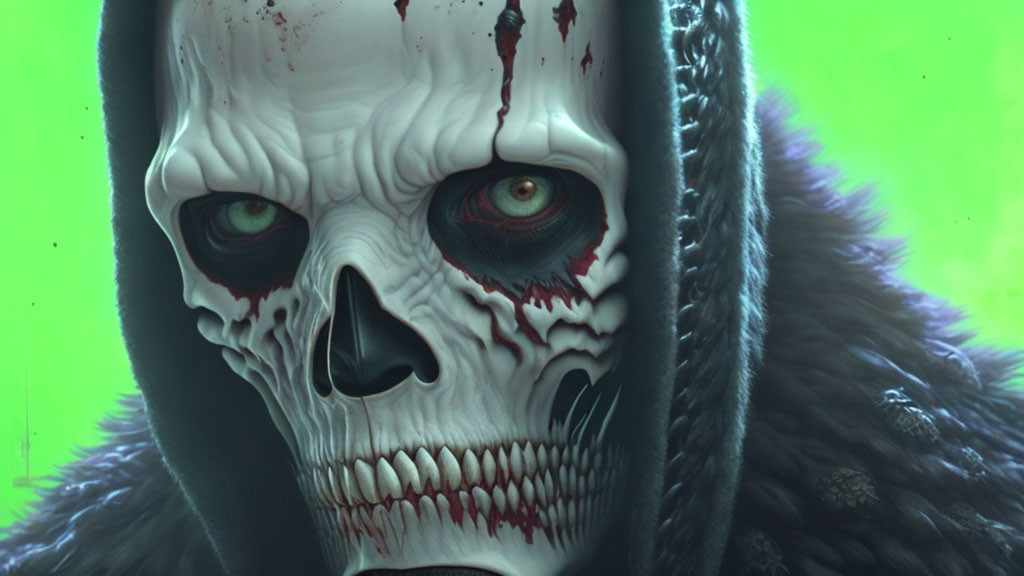 Sinister hooded skeletal figure with red eyes on green backdrop