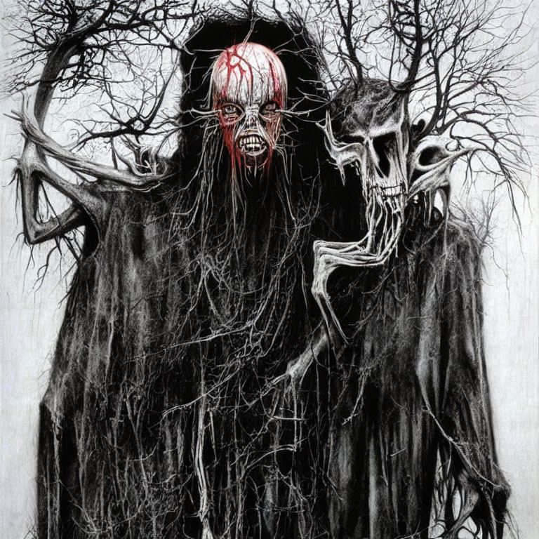 Sinister skeletal figure in tattered robes with red eyes among dark trees