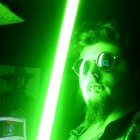 Two male characters with glowing green light and lightsaber on green background
