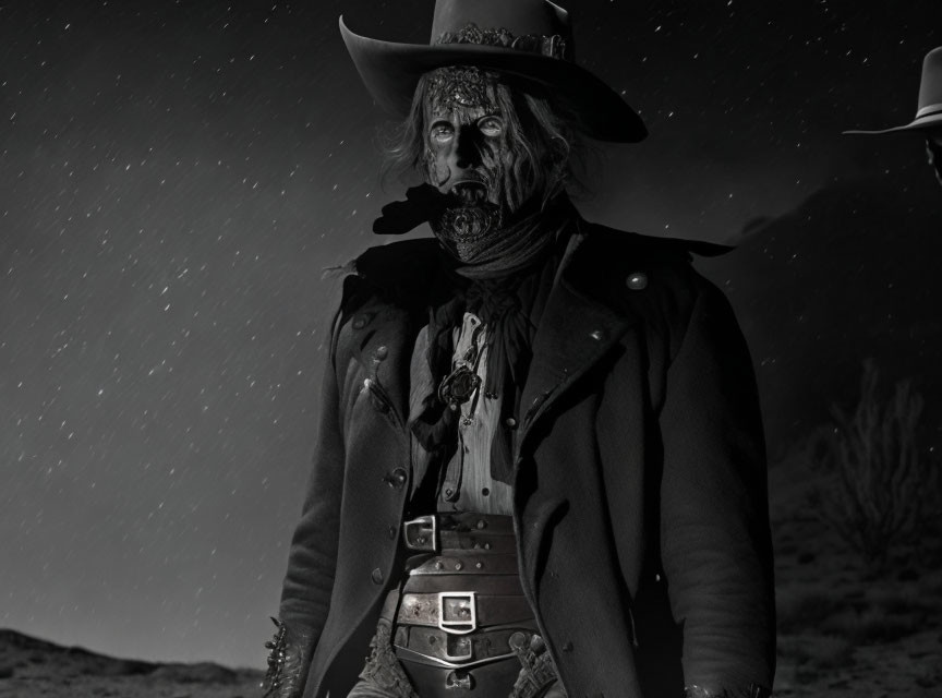 Monochrome image of person in cowboy attire under starry sky