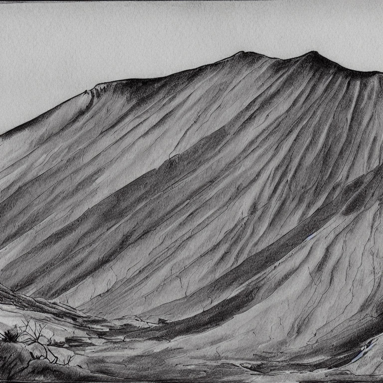 Detailed pencil sketch of rugged mountain with textures and shadows, vast slope, and shrubs.