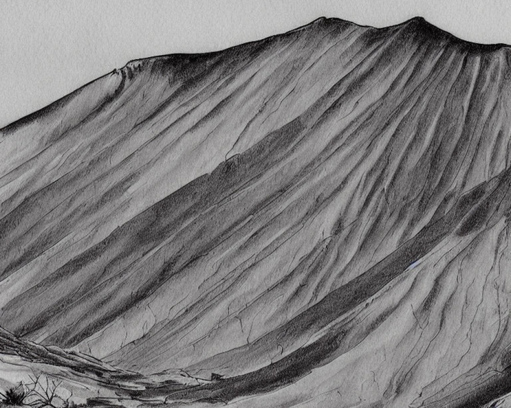 Detailed pencil sketch of rugged mountain with textures and shadows, vast slope, and shrubs.