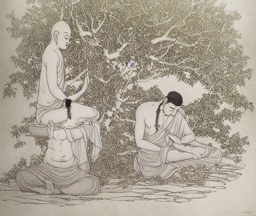 Two figures meditating under a tree with intricate foliage