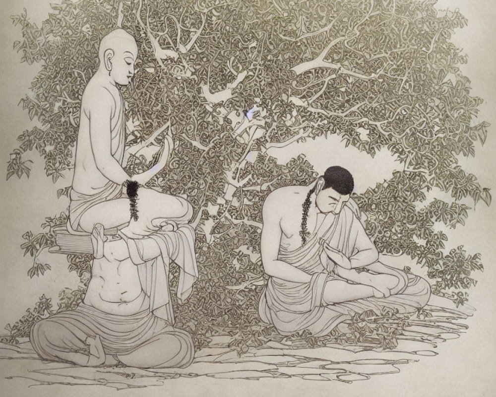 Two figures meditating under a tree with intricate foliage