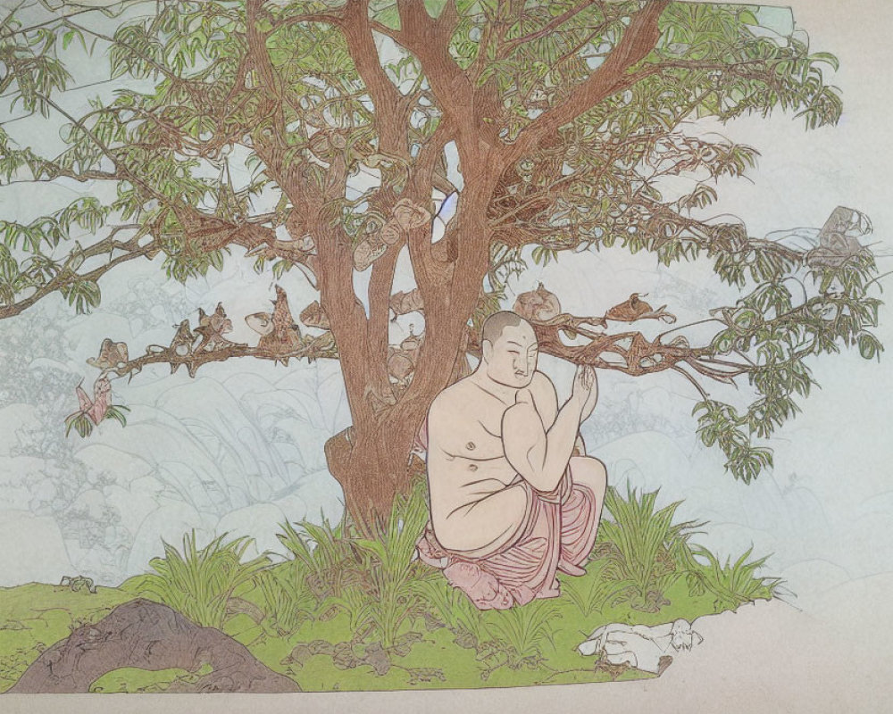 Tranquil artwork of a meditating monk in nature