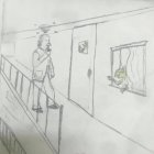 Detailed pencil drawing: man walking in corridor, child drawing on wall, security camera above