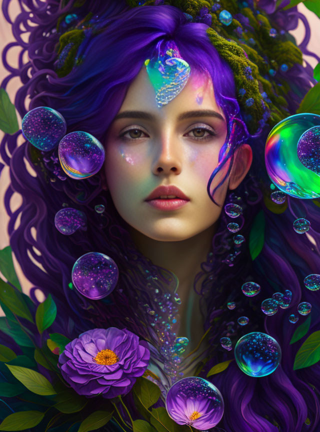 Vibrant purple hair fantasy portrait with iridescent bubbles and lush green foliage