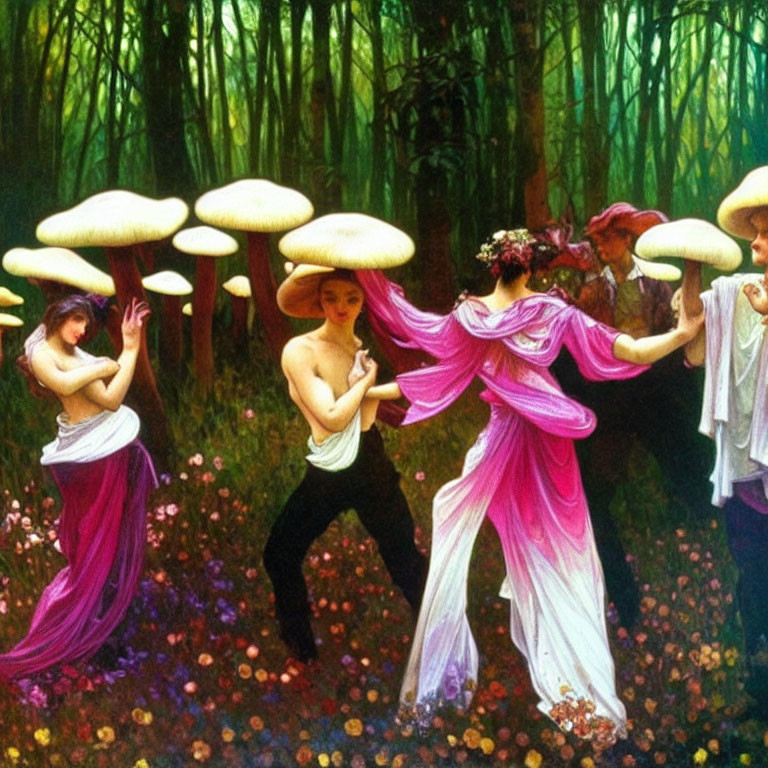 Colorful painting of people with mushroom caps dancing in a whimsical forest